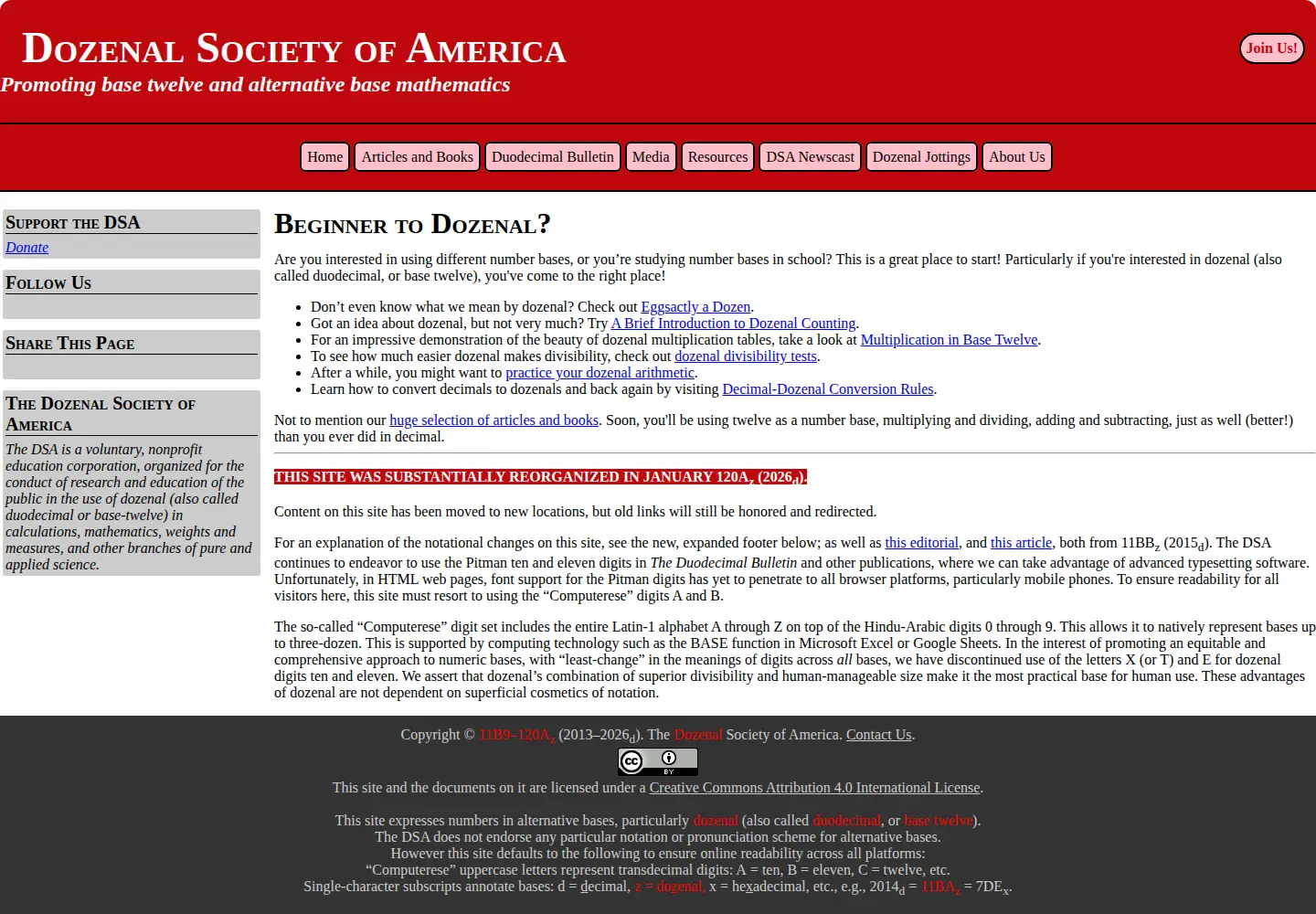 Captured homepage of dozenal.org in the current scan
