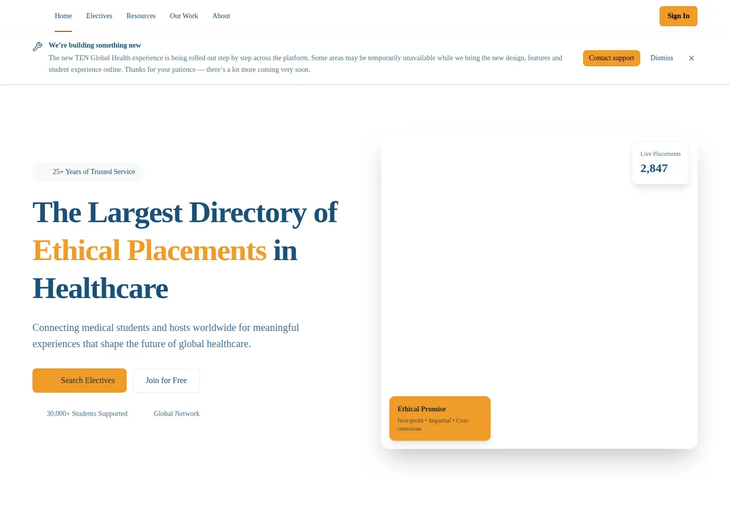 Captured homepage of electives.net in the current scan