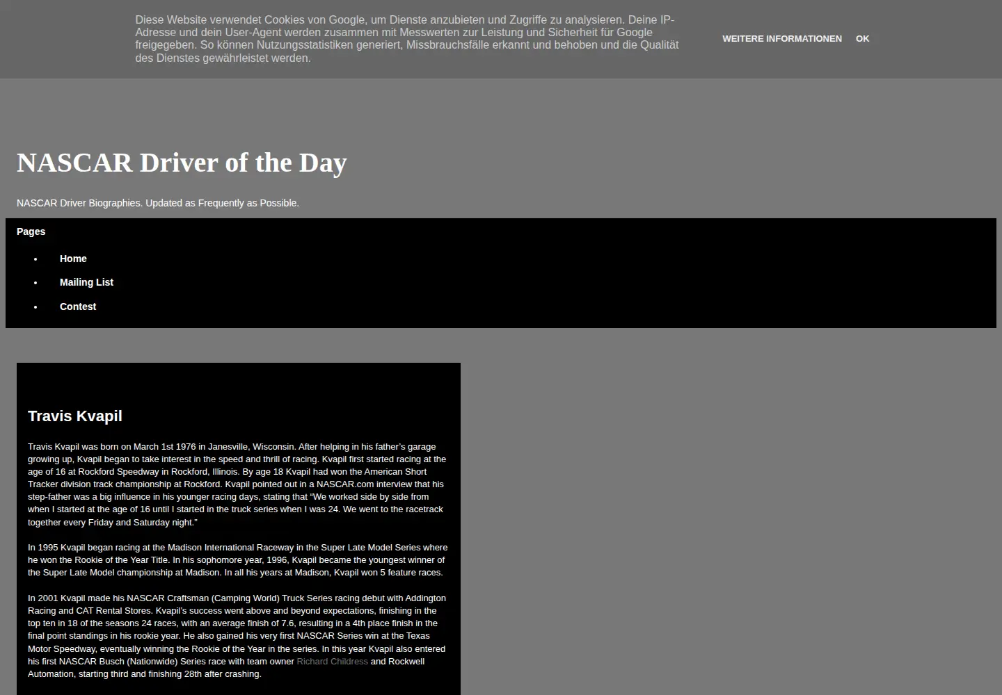 Captured homepage of nascardriveroftheday.com in the current scan