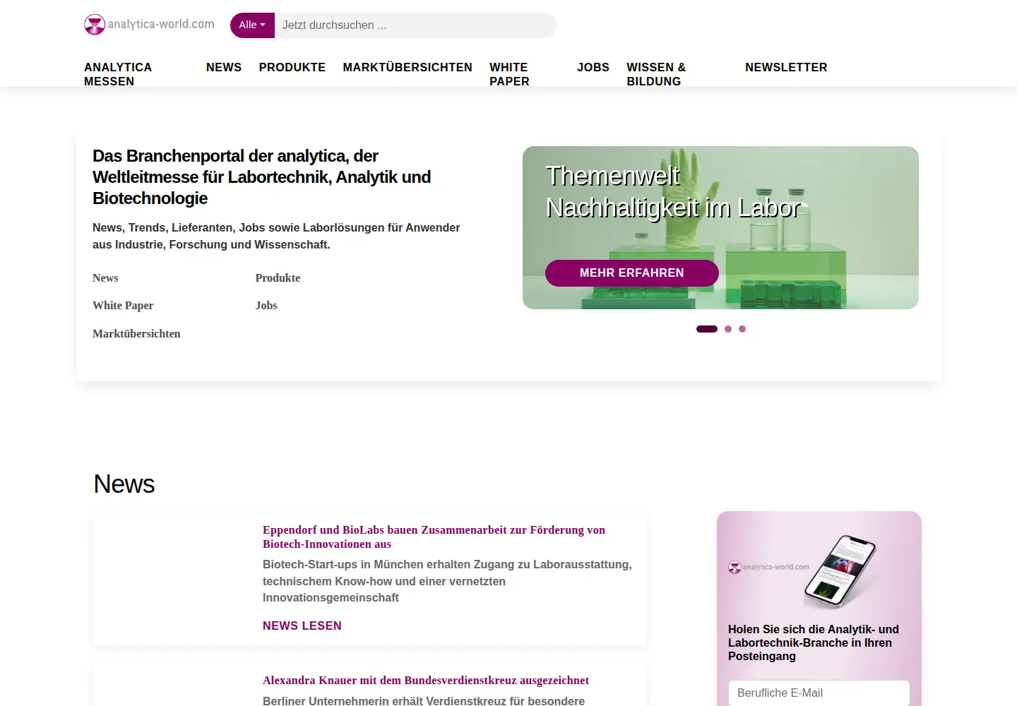 Captured homepage of analytica-world.com in the current scan