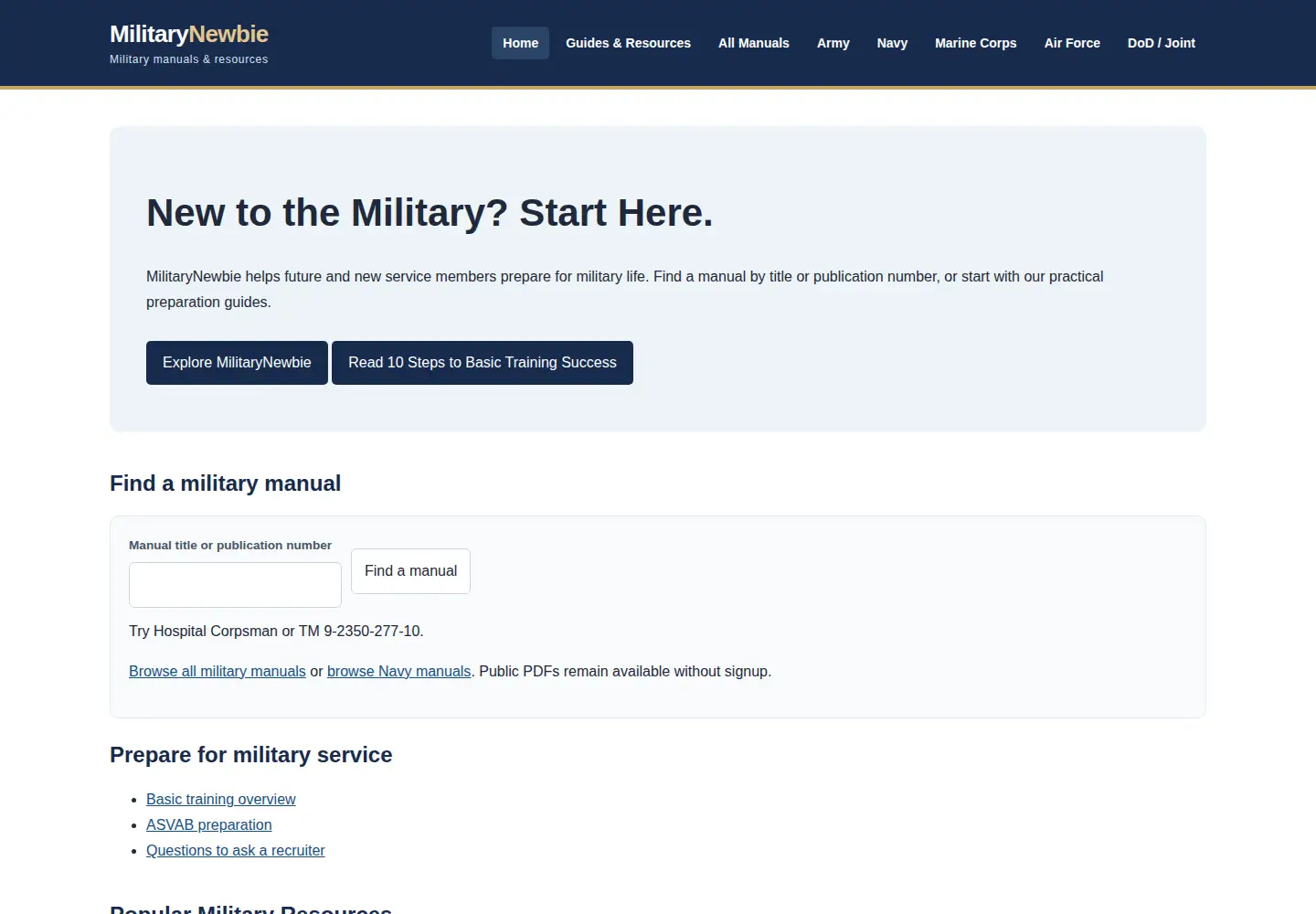 Captured homepage of militarynewbie.com in the current scan