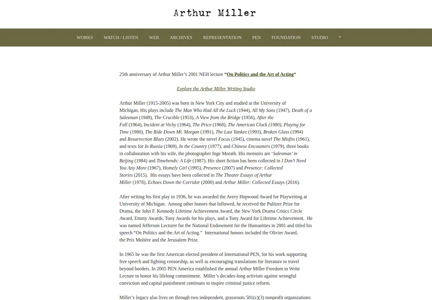 Screenshot of arthurmiller.org