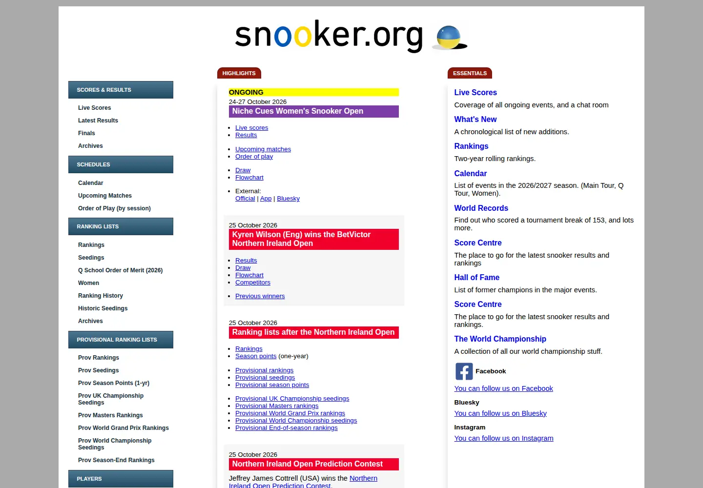 Screenshot of snooker.org
