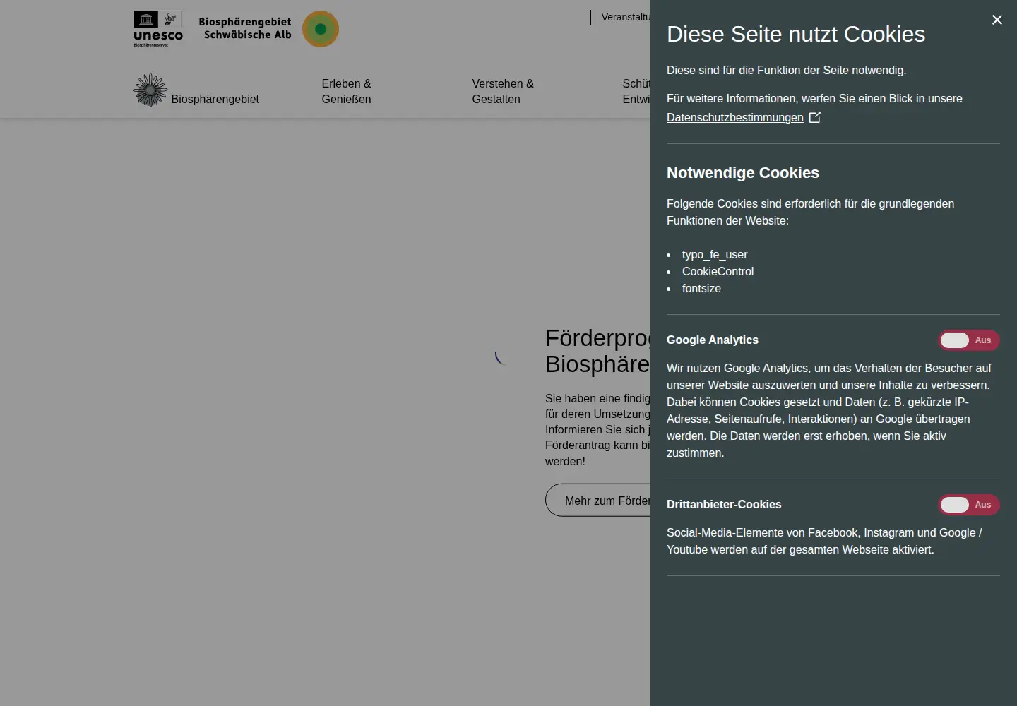 Captured homepage of biosphaerengebiet-alb.de in the current scan