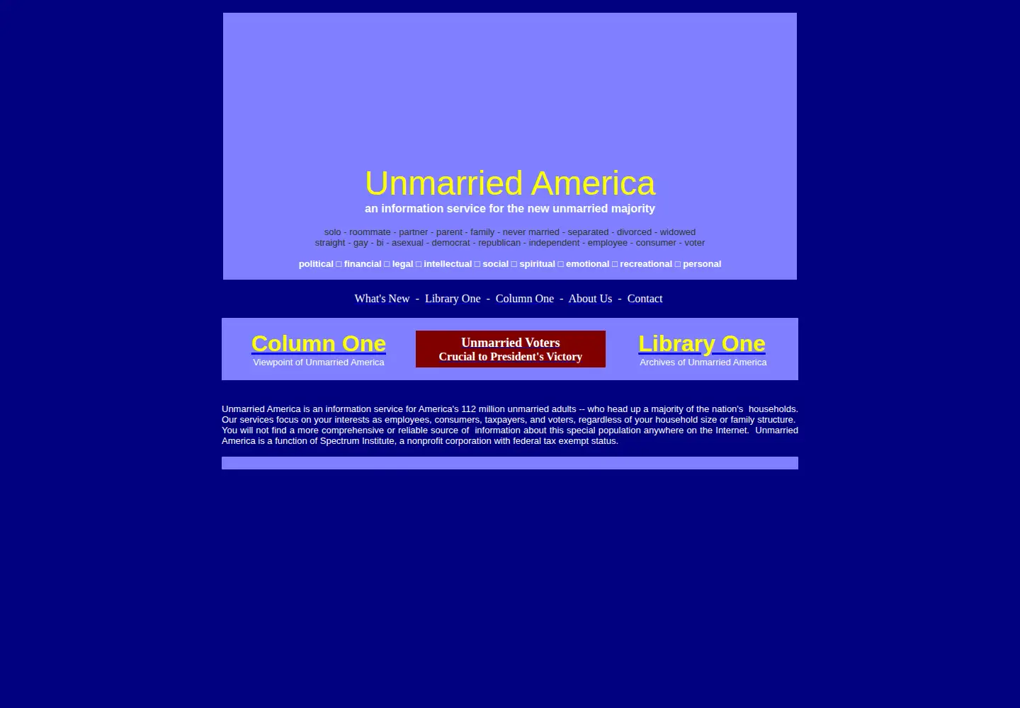 Captured homepage of unmarriedamerica.org in the current scan