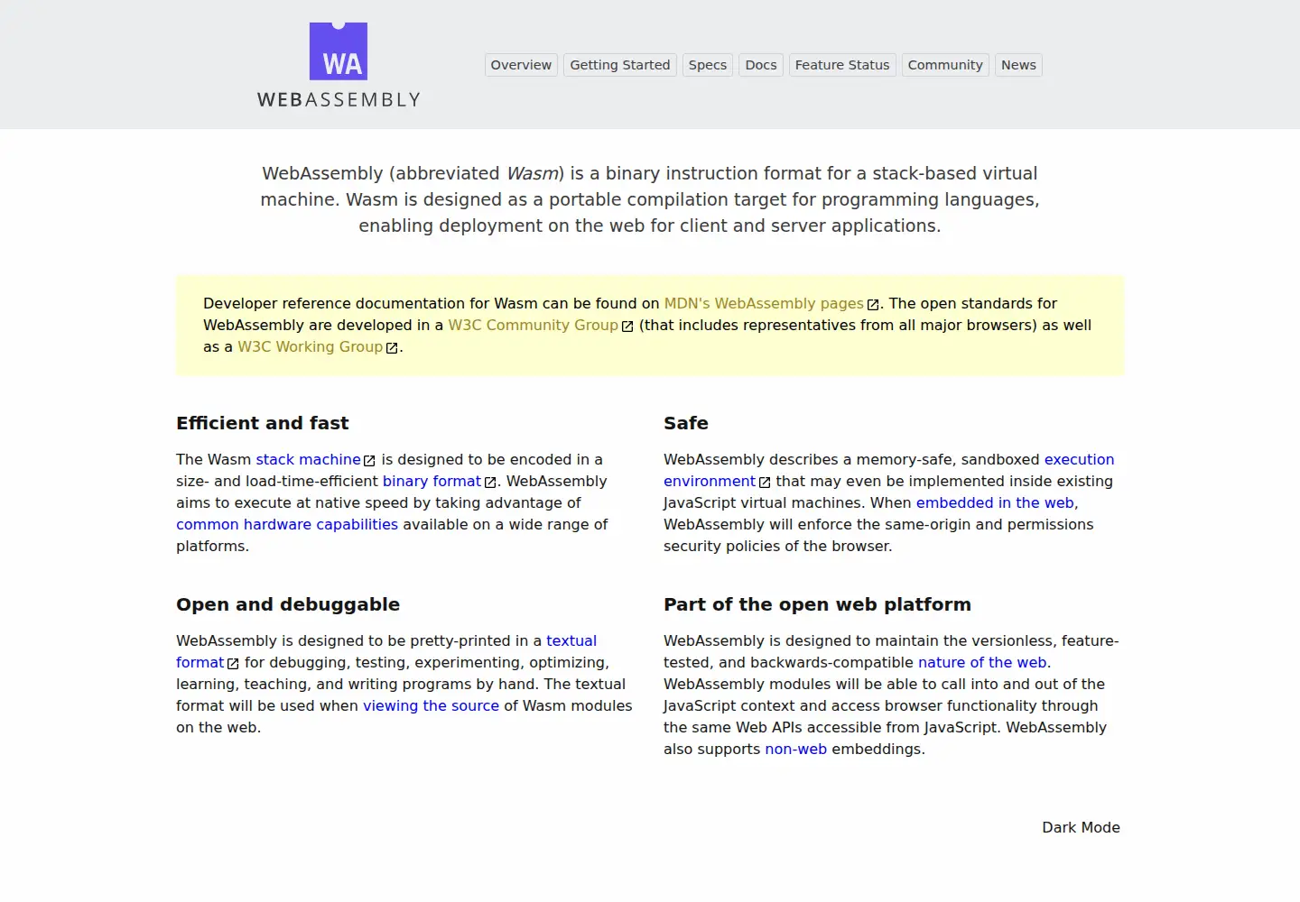 Captured homepage of webassembly.org in the current scan