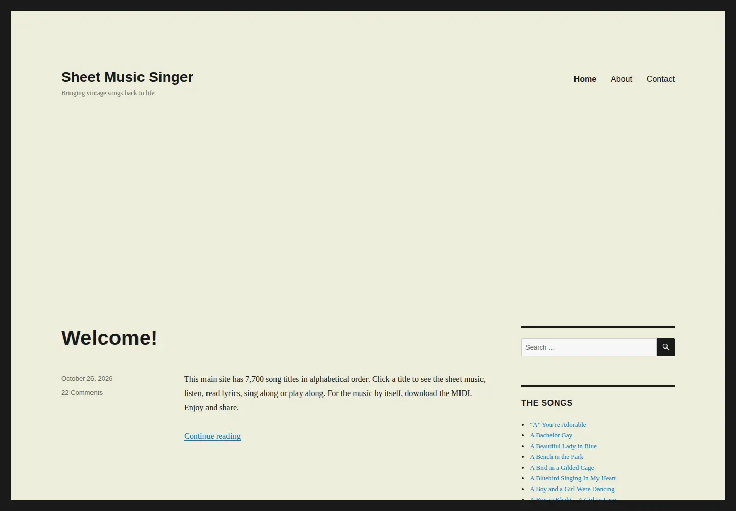 Captured homepage of sheetmusicsinger.com in the current scan
