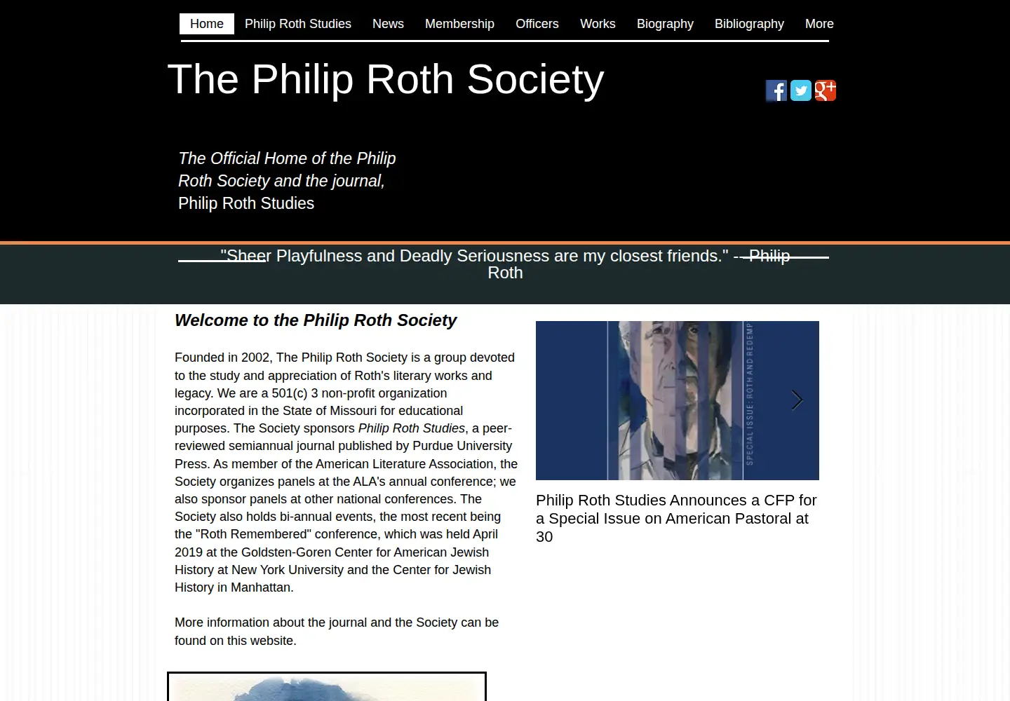 Captured homepage of philiprothsociety.org in the current scan