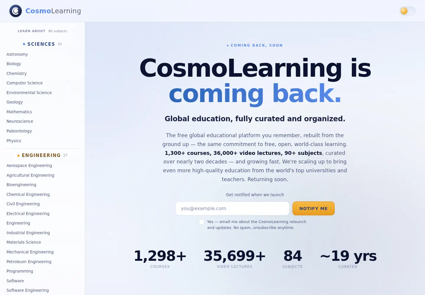 Screenshot of cosmolearning.com