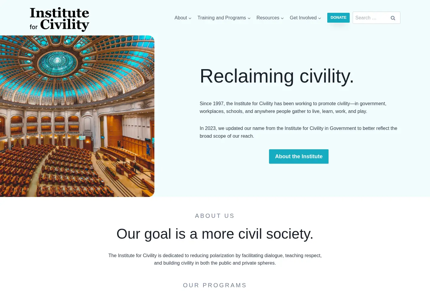 Captured homepage of instituteforcivility.org in the current scan