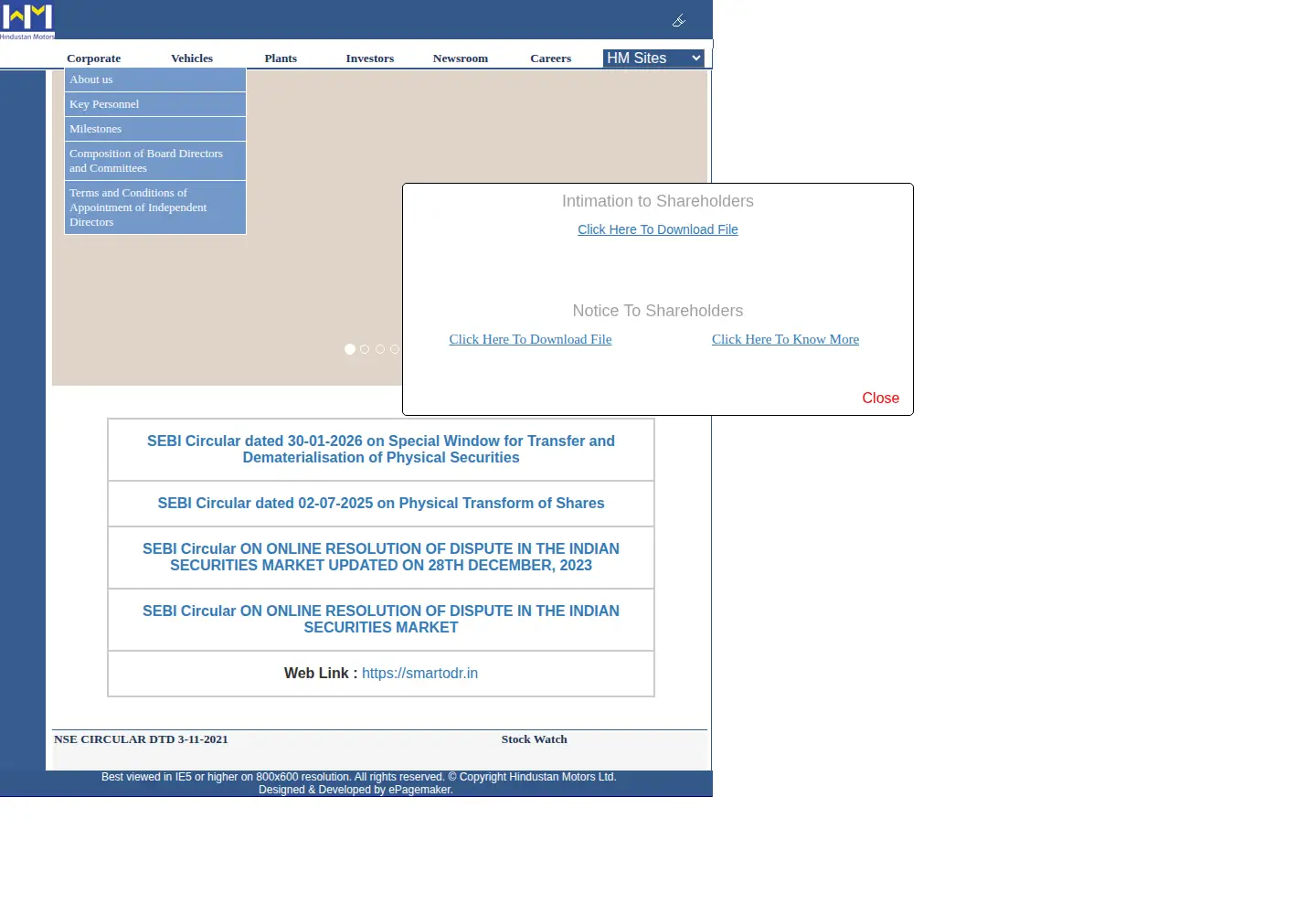 Captured homepage of hindmotor.com in the current scan