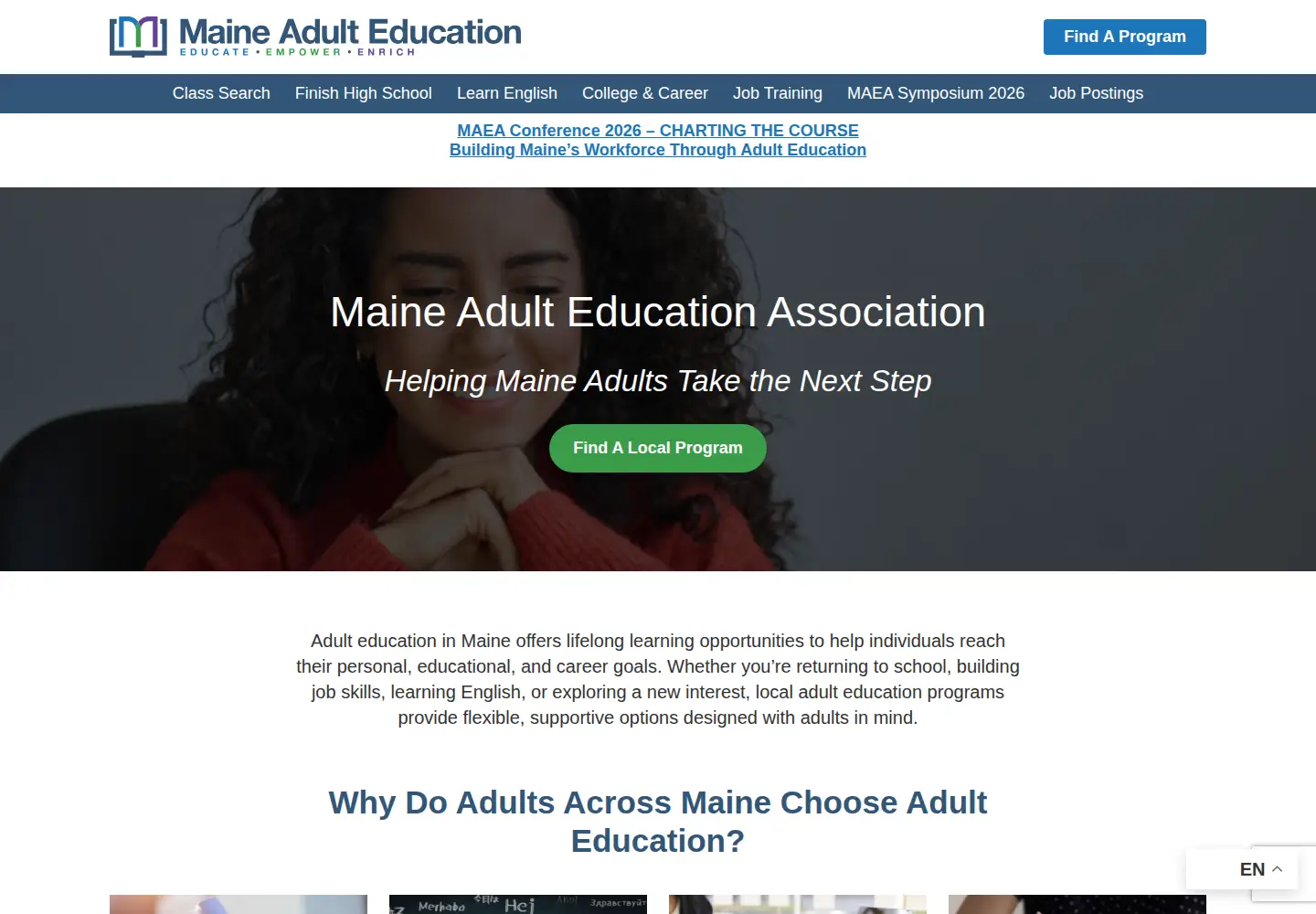 Captured homepage of maineadulted.org in the current scan