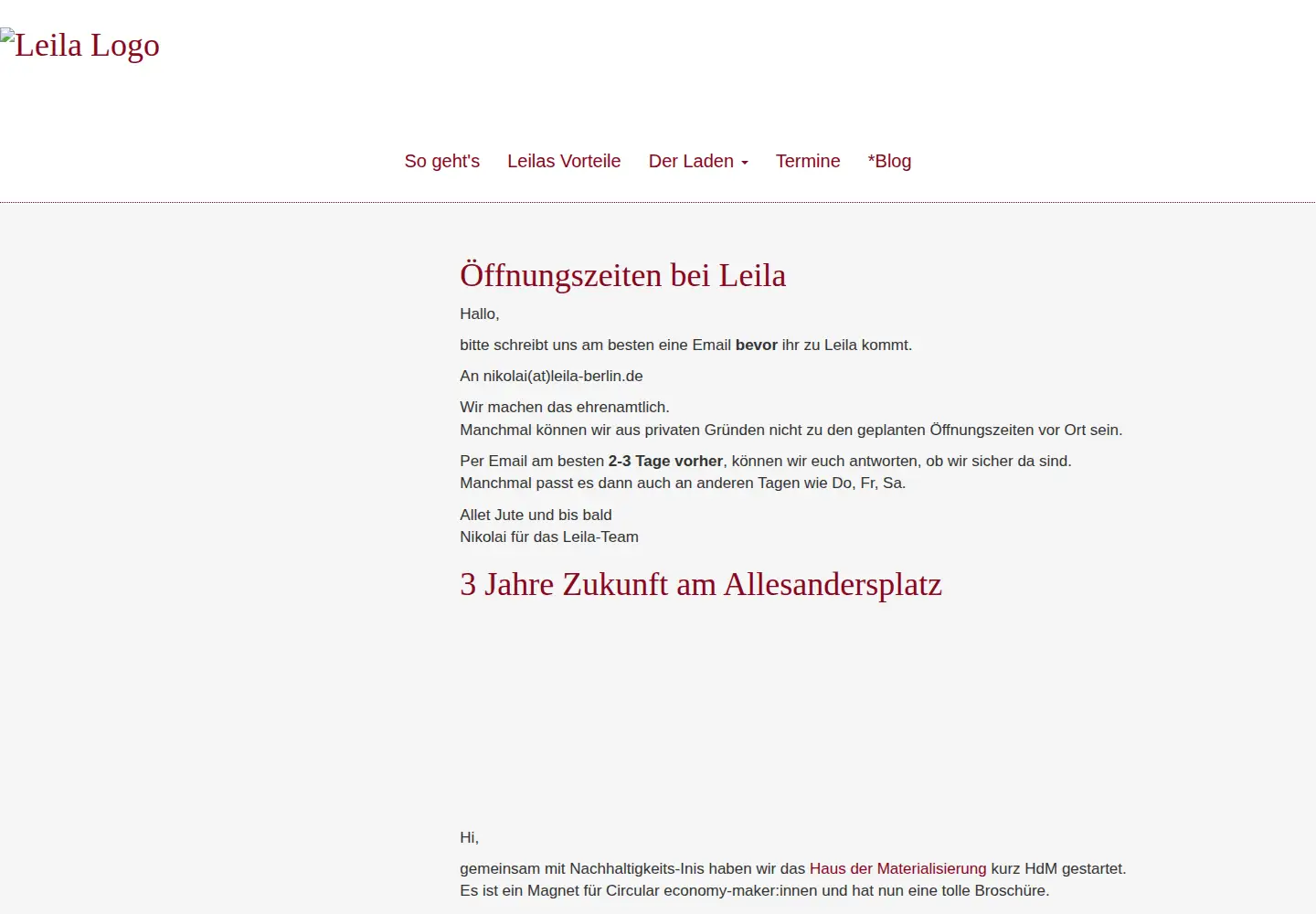 Captured homepage of leila-berlin.de in the current scan
