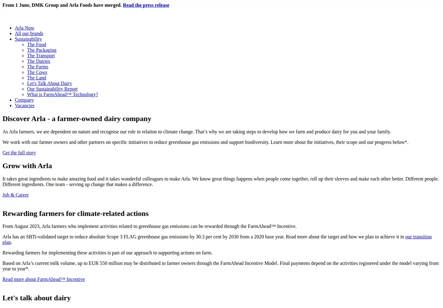 Captured homepage of arlafoods.com in the current scan