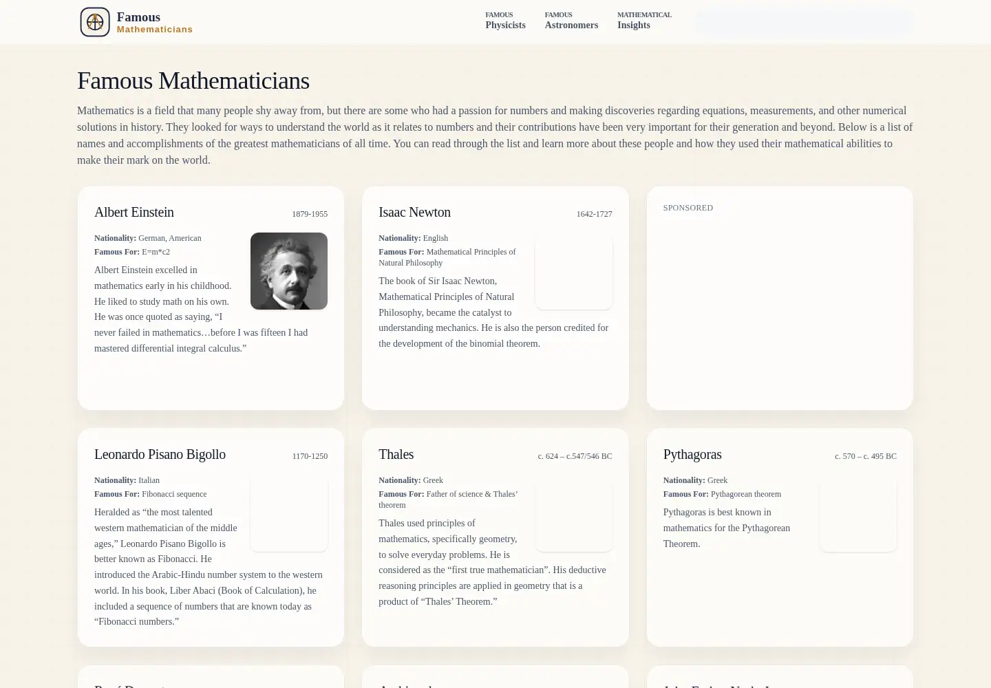 Captured homepage of famous-mathematicians.org in the current scan