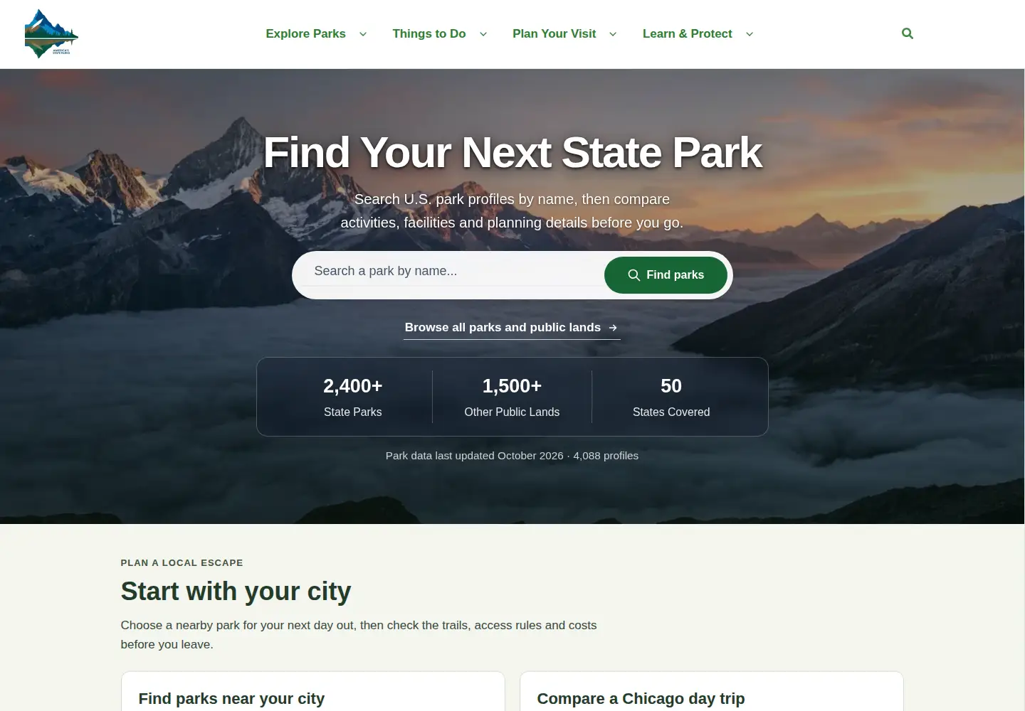 Captured homepage of americasstateparks.org in the current scan
