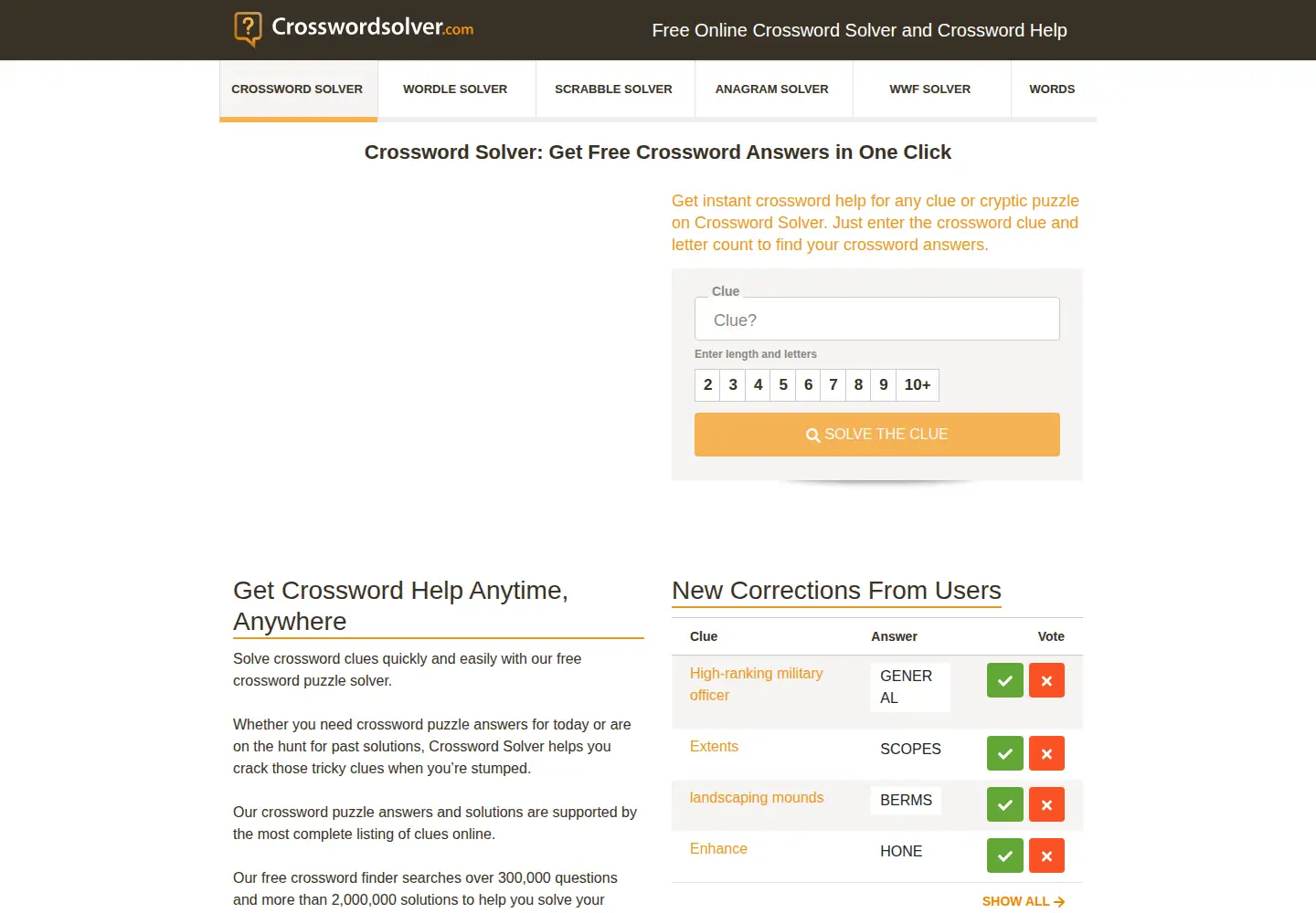 Screenshot of crosswordsolver.com