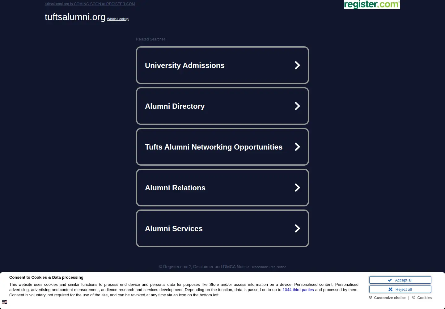 Captured homepage of tuftsalumni.org in the current scan