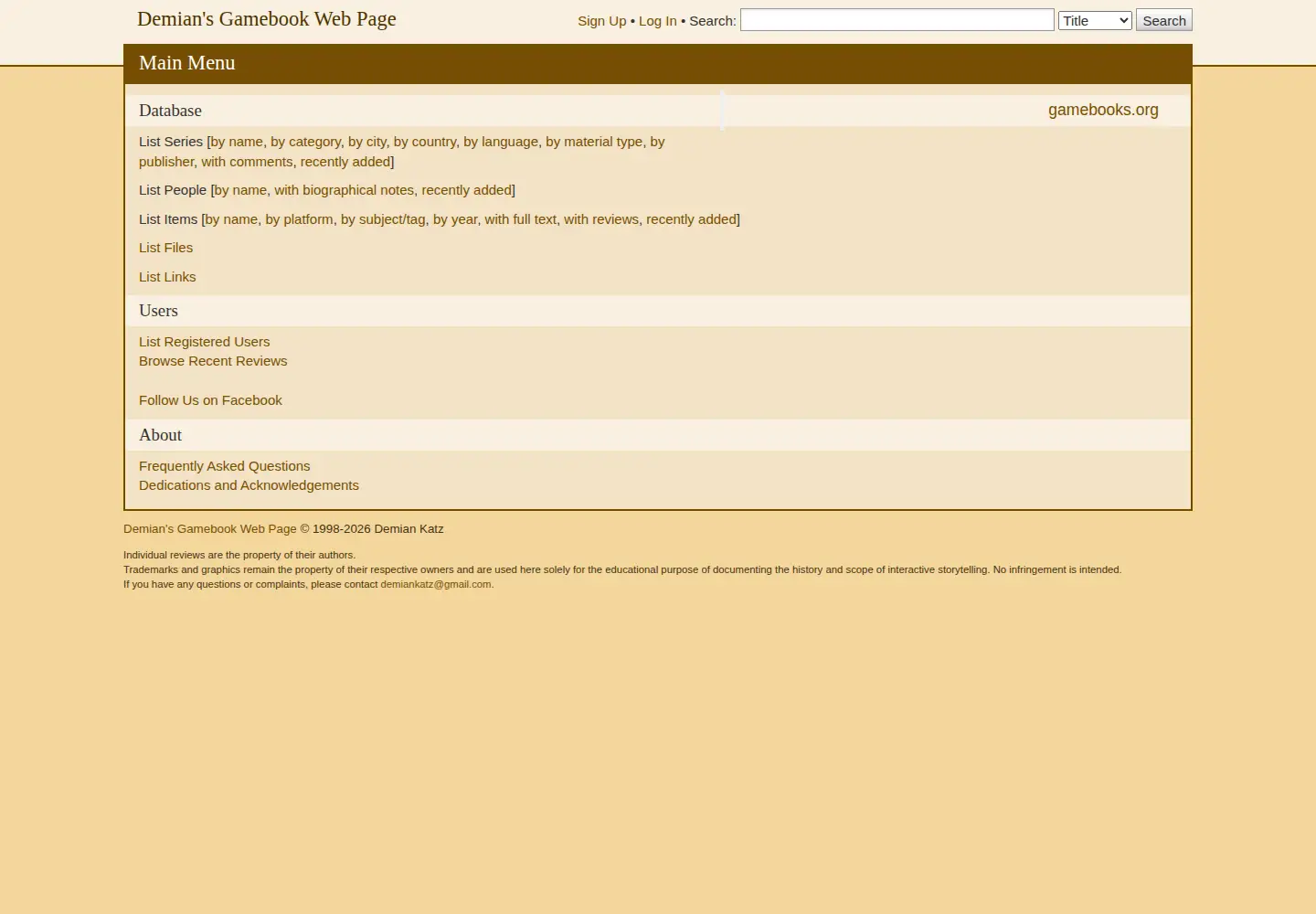 Screenshot of gamebooks.org
