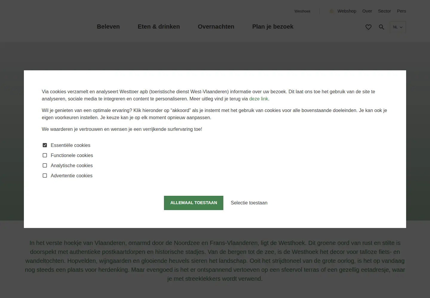 Captured homepage of toerismewesthoek.be in the current scan