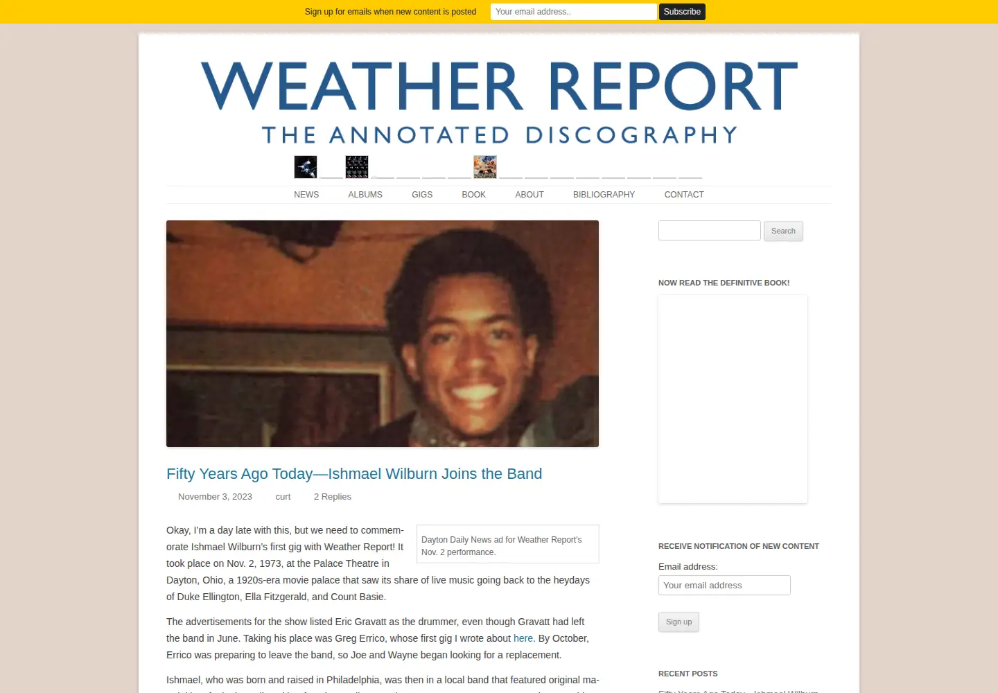 Captured homepage of weatherreportdiscography.org in the current scan
