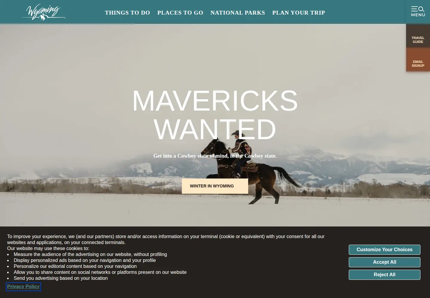 Captured homepage of travelwyoming.com in the current scan