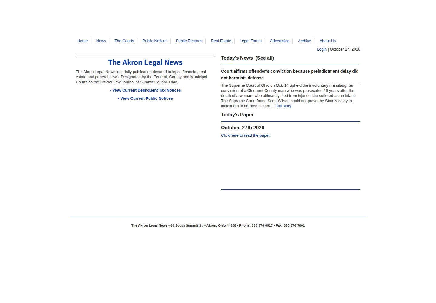 Captured homepage of akronlegalnews.com in the current scan