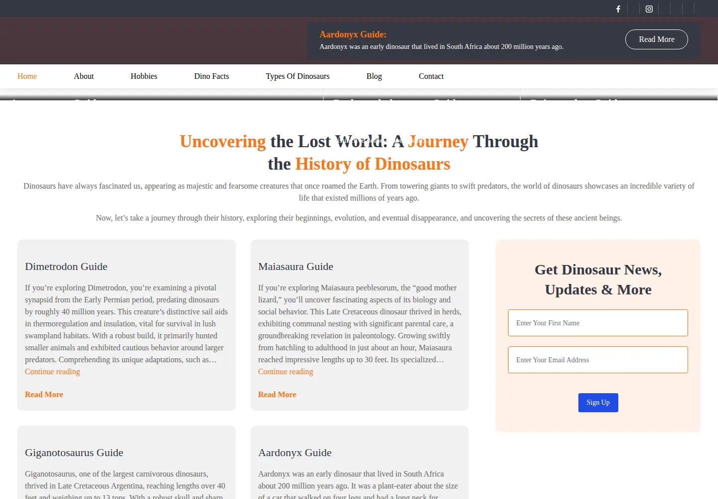 Captured homepage of dinosaur.org in the current scan
