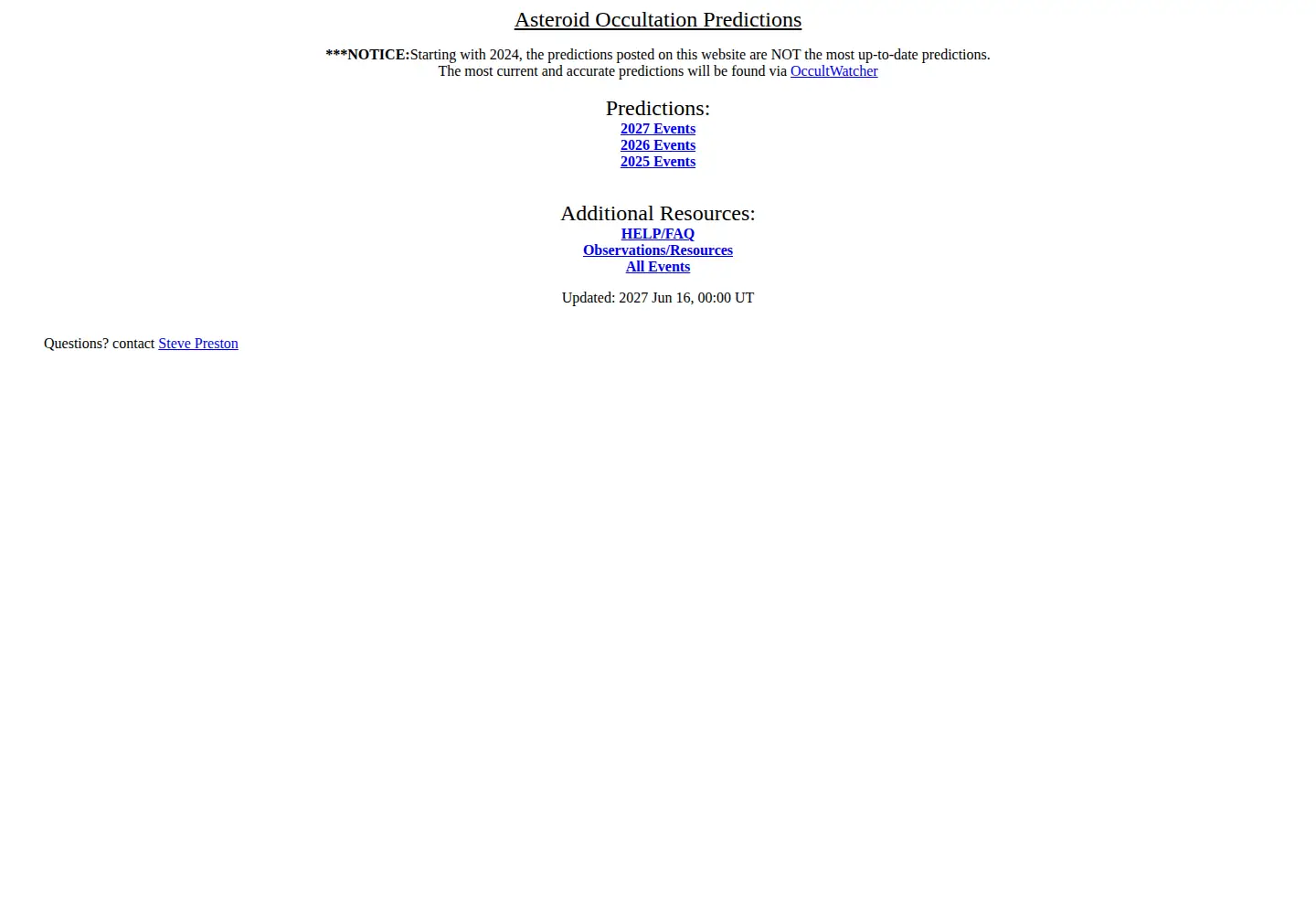 Captured homepage of asteroidoccultations.com in the current scan
