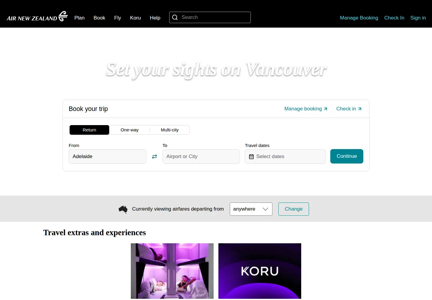 Captured homepage of airnewzealand.com.au in the current scan