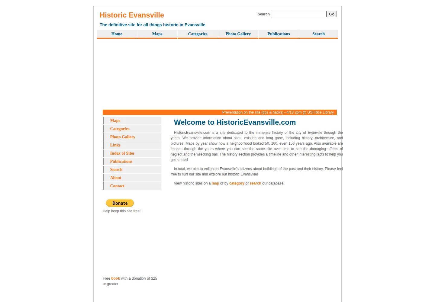 Captured homepage of historicevansville.com in the current scan