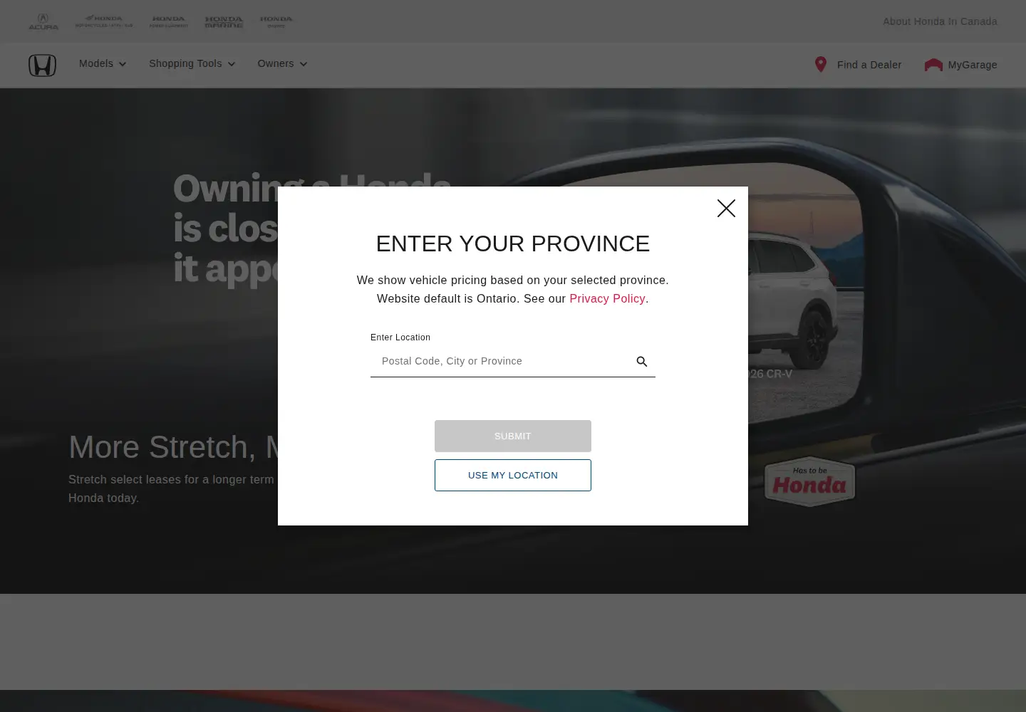 Screenshot of honda.ca
