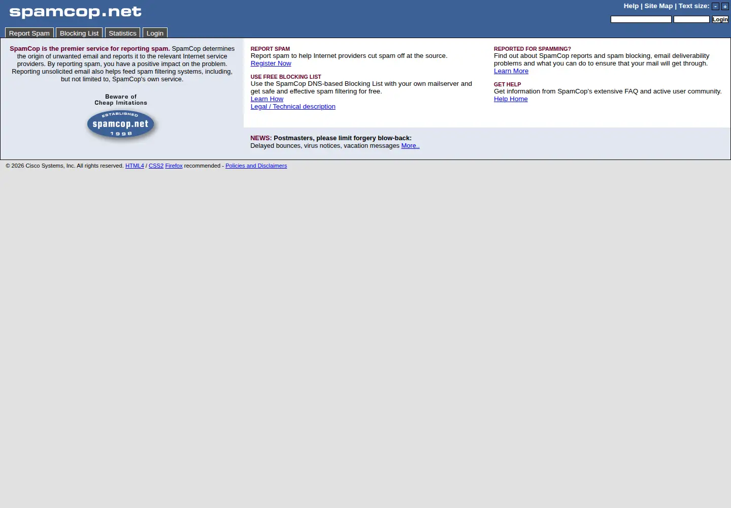 Screenshot of spamcop.net