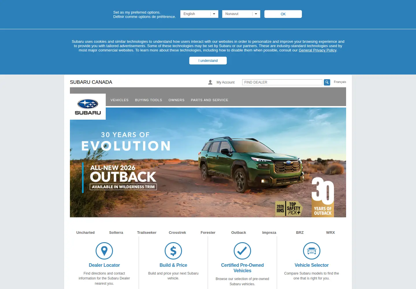 Screenshot of subaru.ca