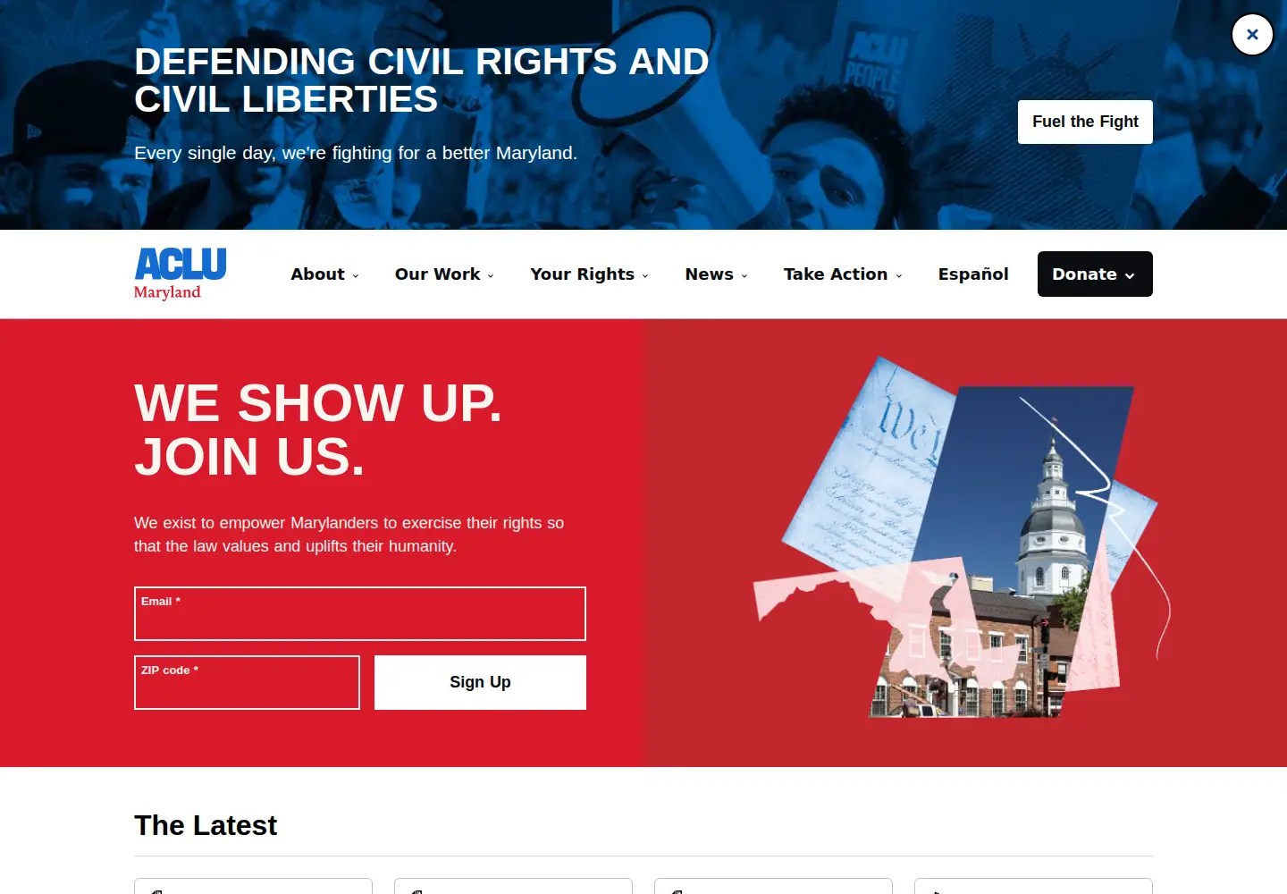Captured homepage of aclu-md.org in the current scan