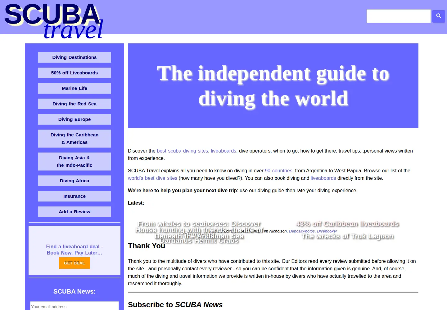Captured homepage of scubatravel.co.uk in the current scan