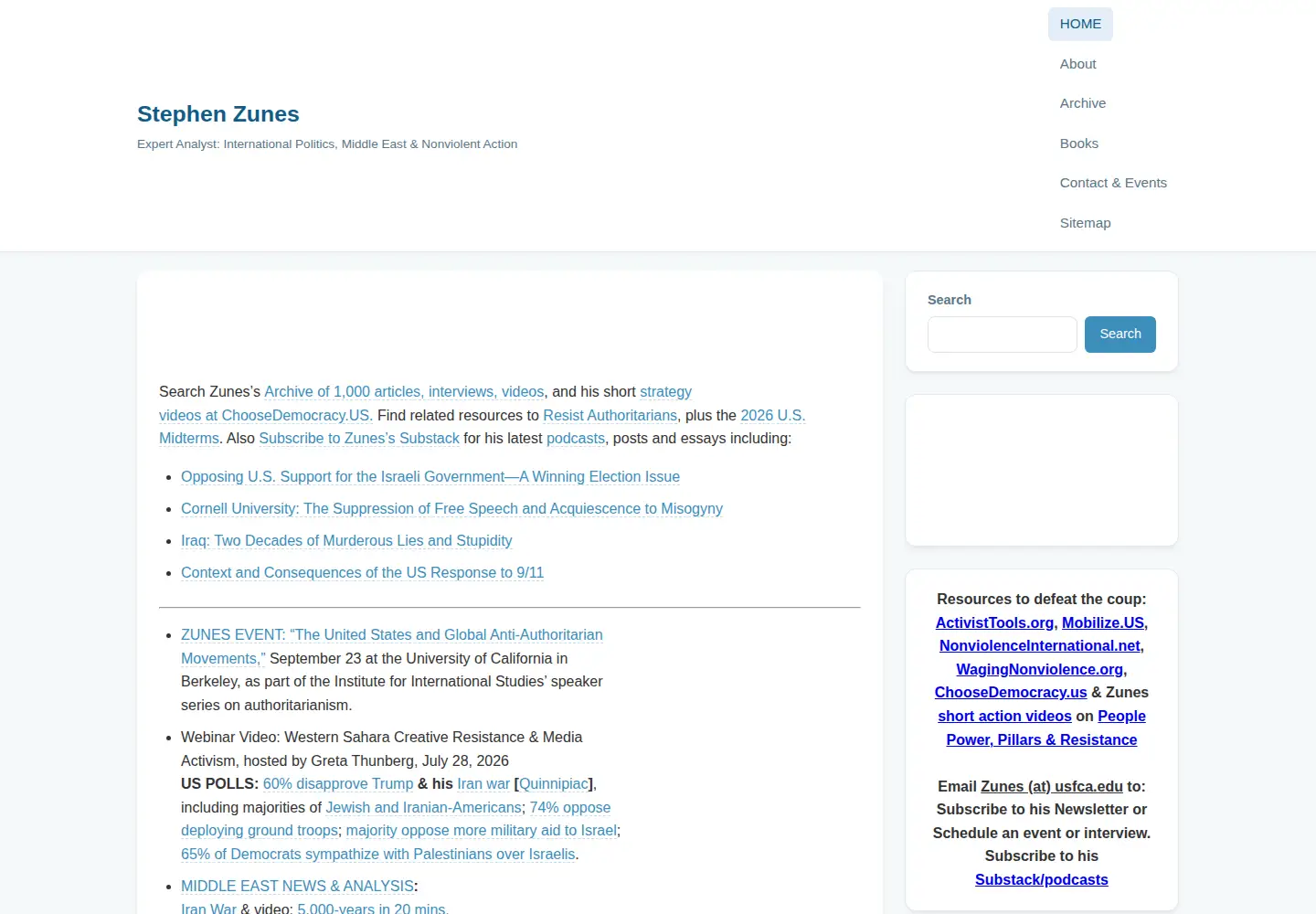 Captured homepage of stephenzunes.org in the current scan