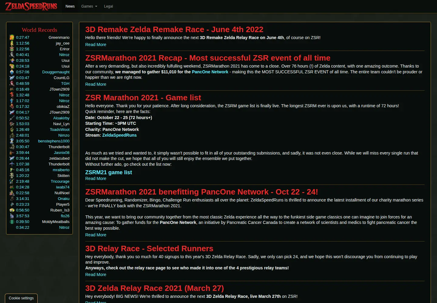 Screenshot of zeldaspeedruns.com