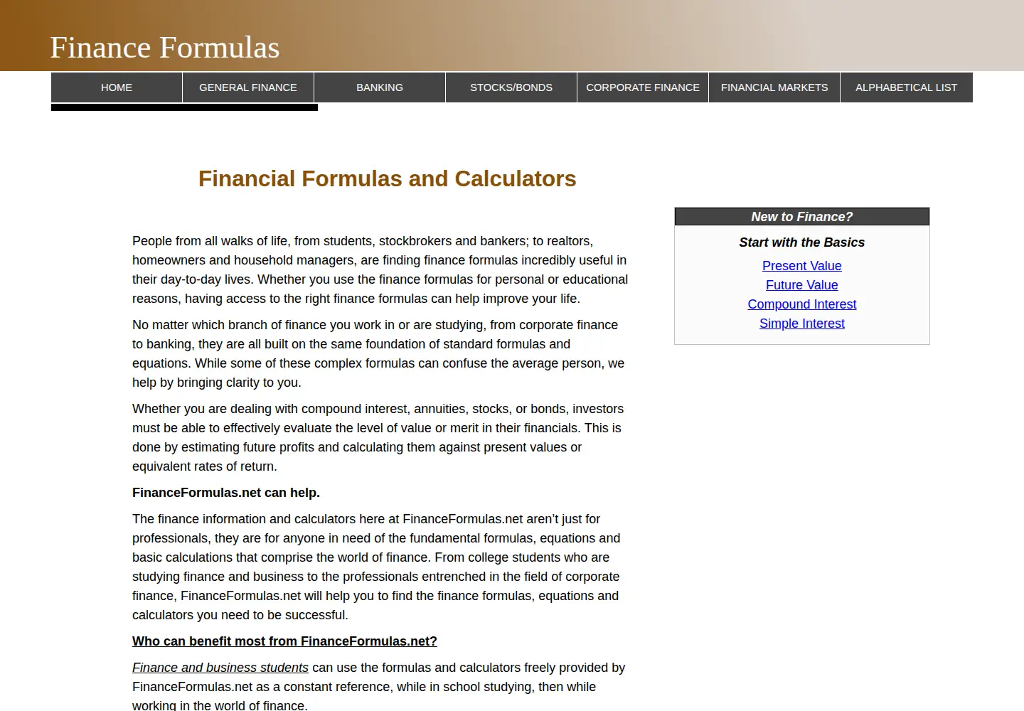 Screenshot of financeformulas.net