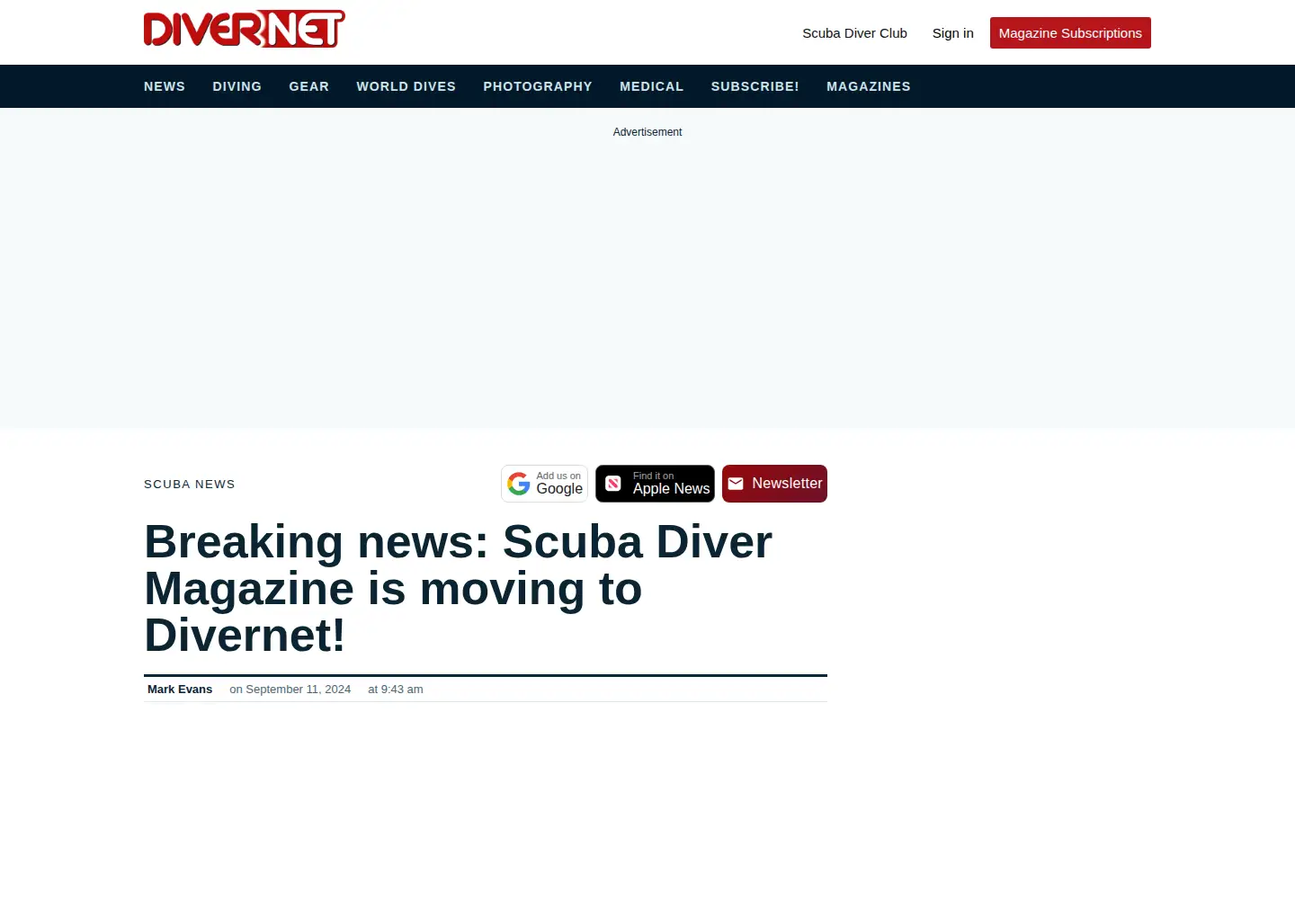 Captured homepage of scubadivermag.com in the current scan