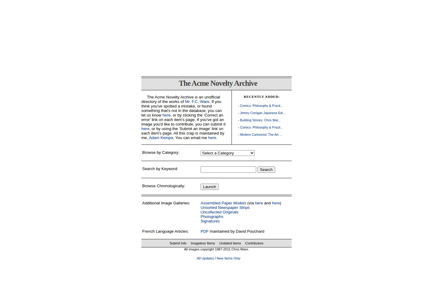 Captured homepage of acmenoveltyarchive.org in the current scan