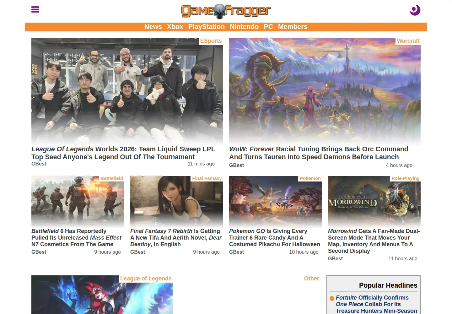 Captured homepage of gamefragger.com in the current scan