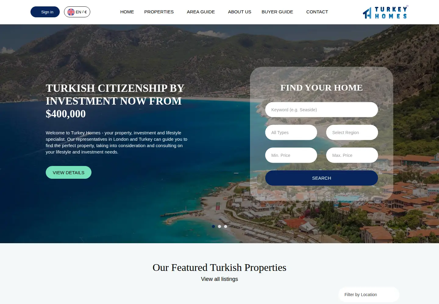 Captured homepage of turkeyhomes.com in the current scan