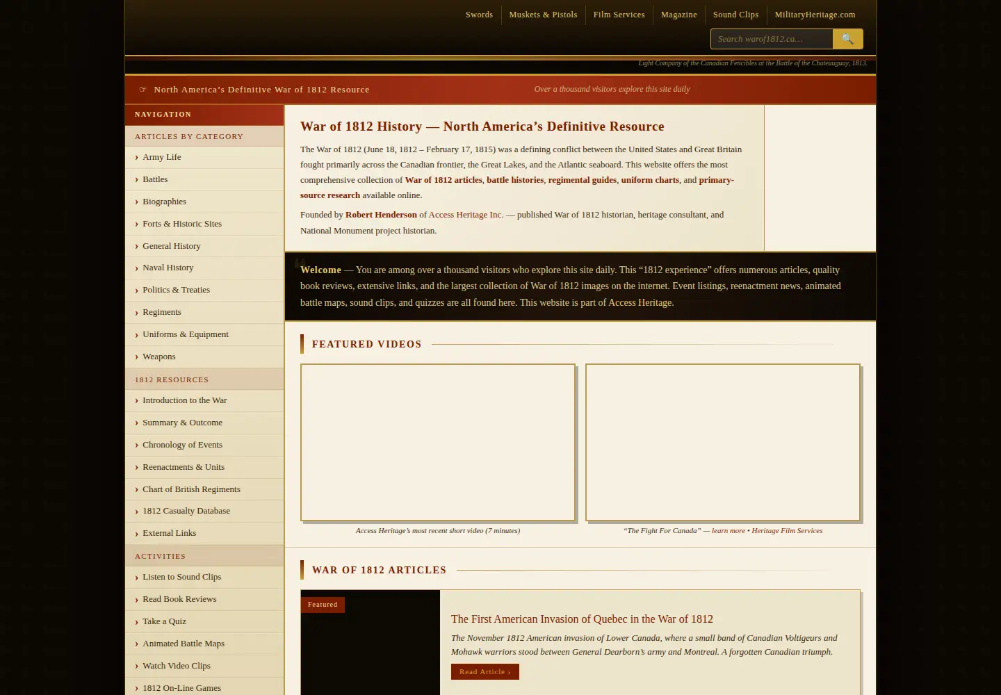 Captured homepage of warof1812.ca in the current scan