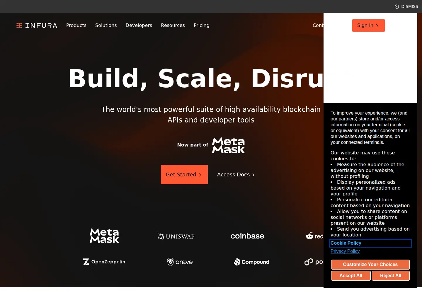 Screenshot of infura.io