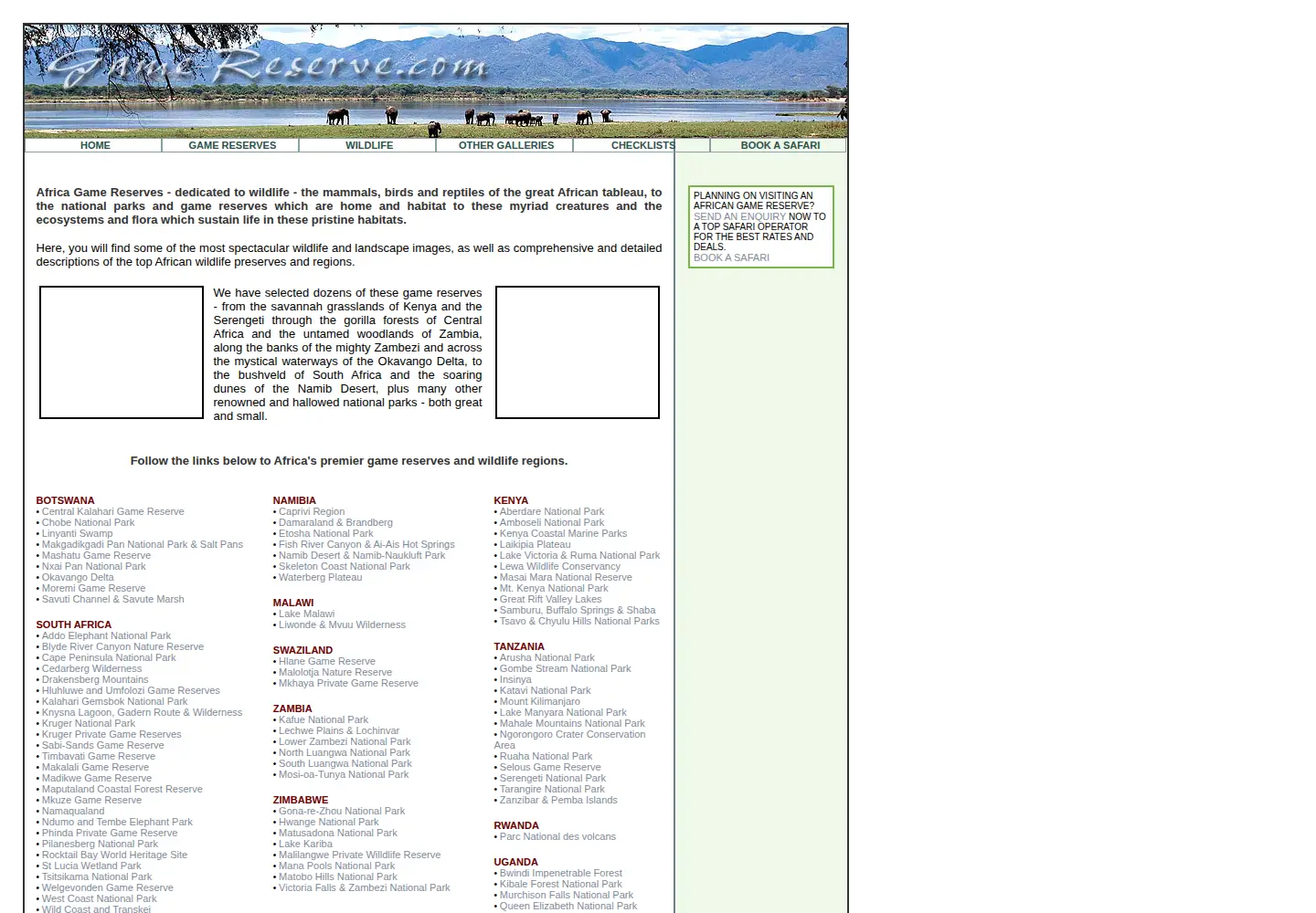 Captured homepage of game-reserve.com in the current scan
