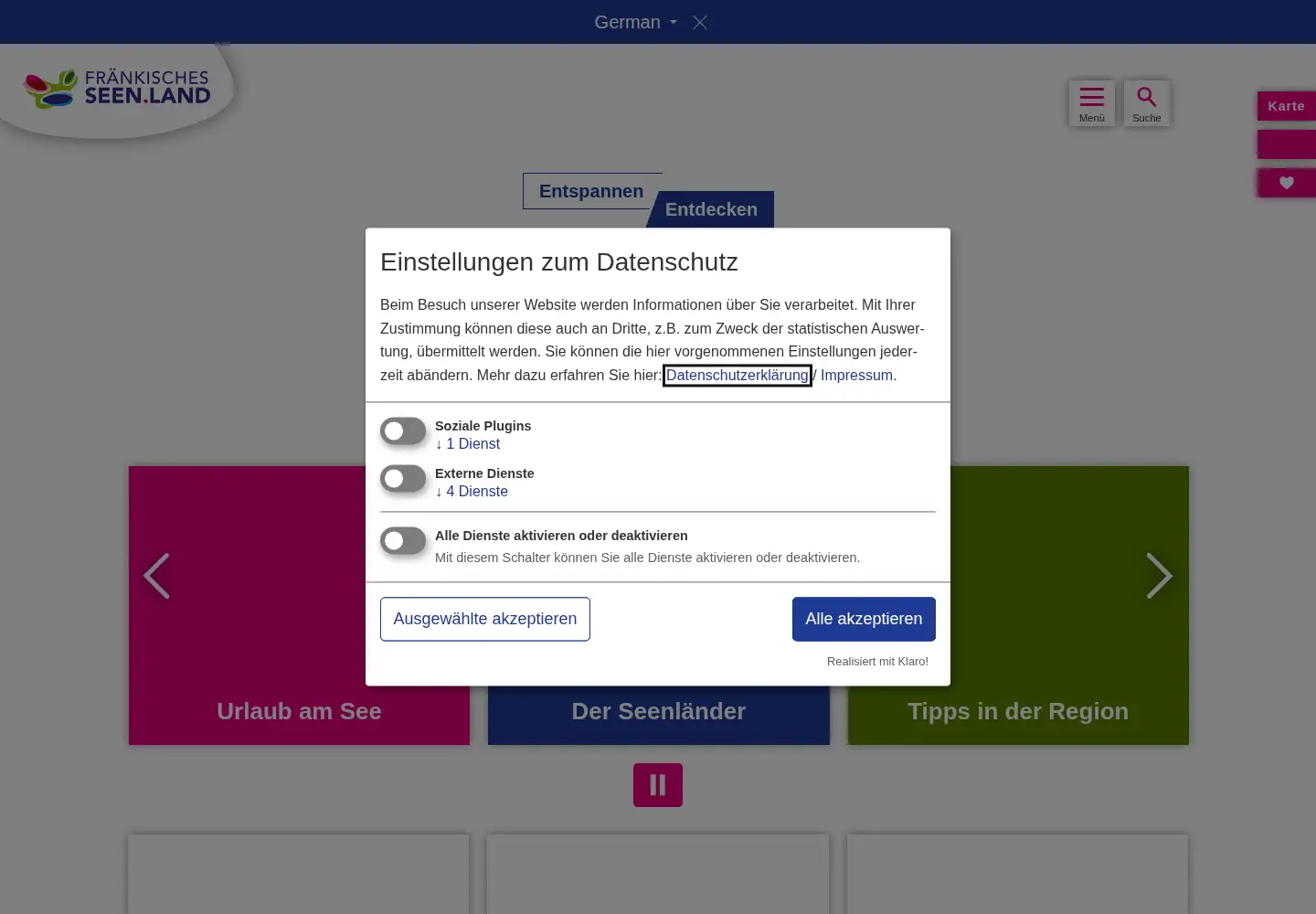Screenshot of fraenkisches-seenland.de