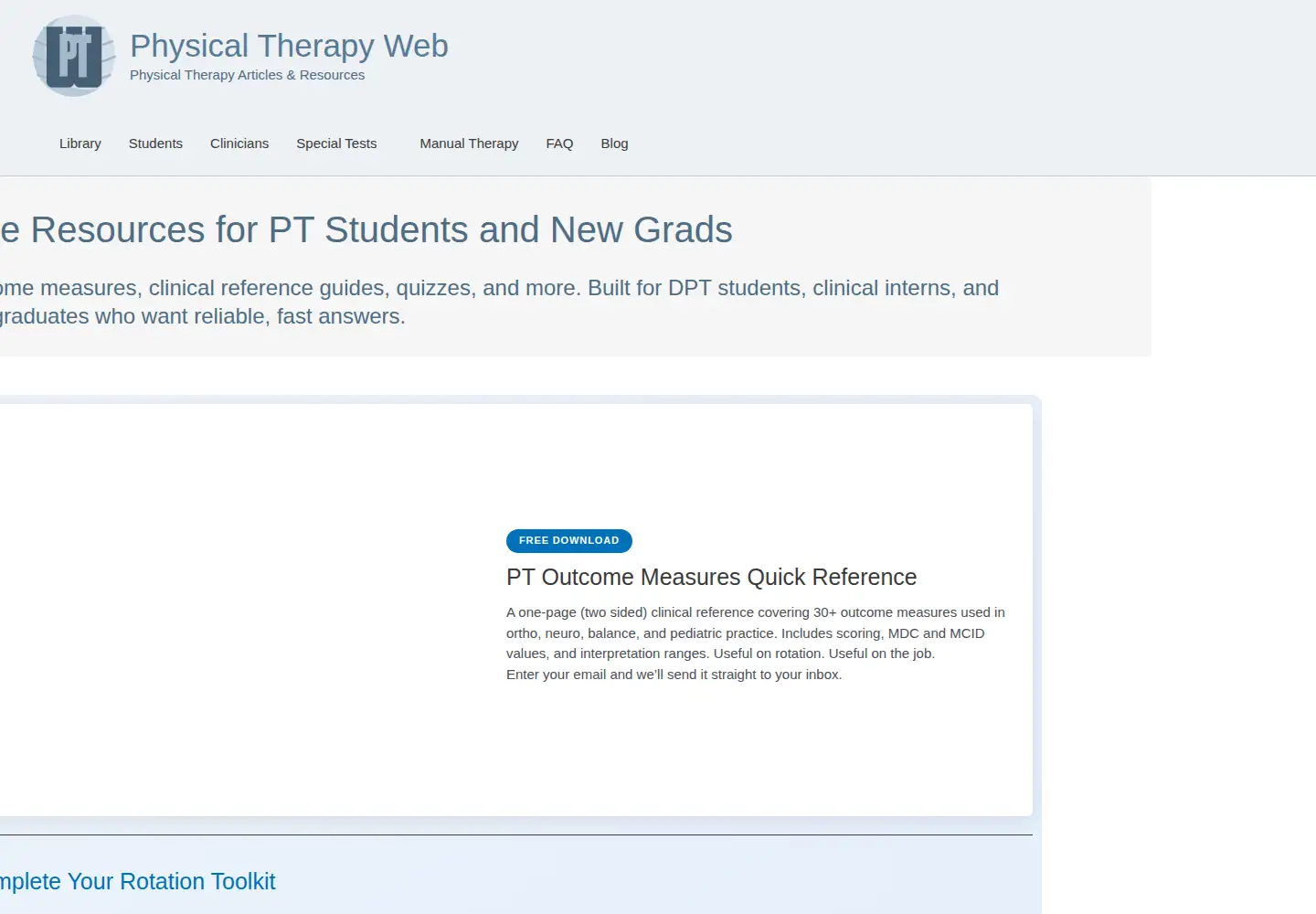 Captured homepage of physicaltherapyweb.com in the current scan