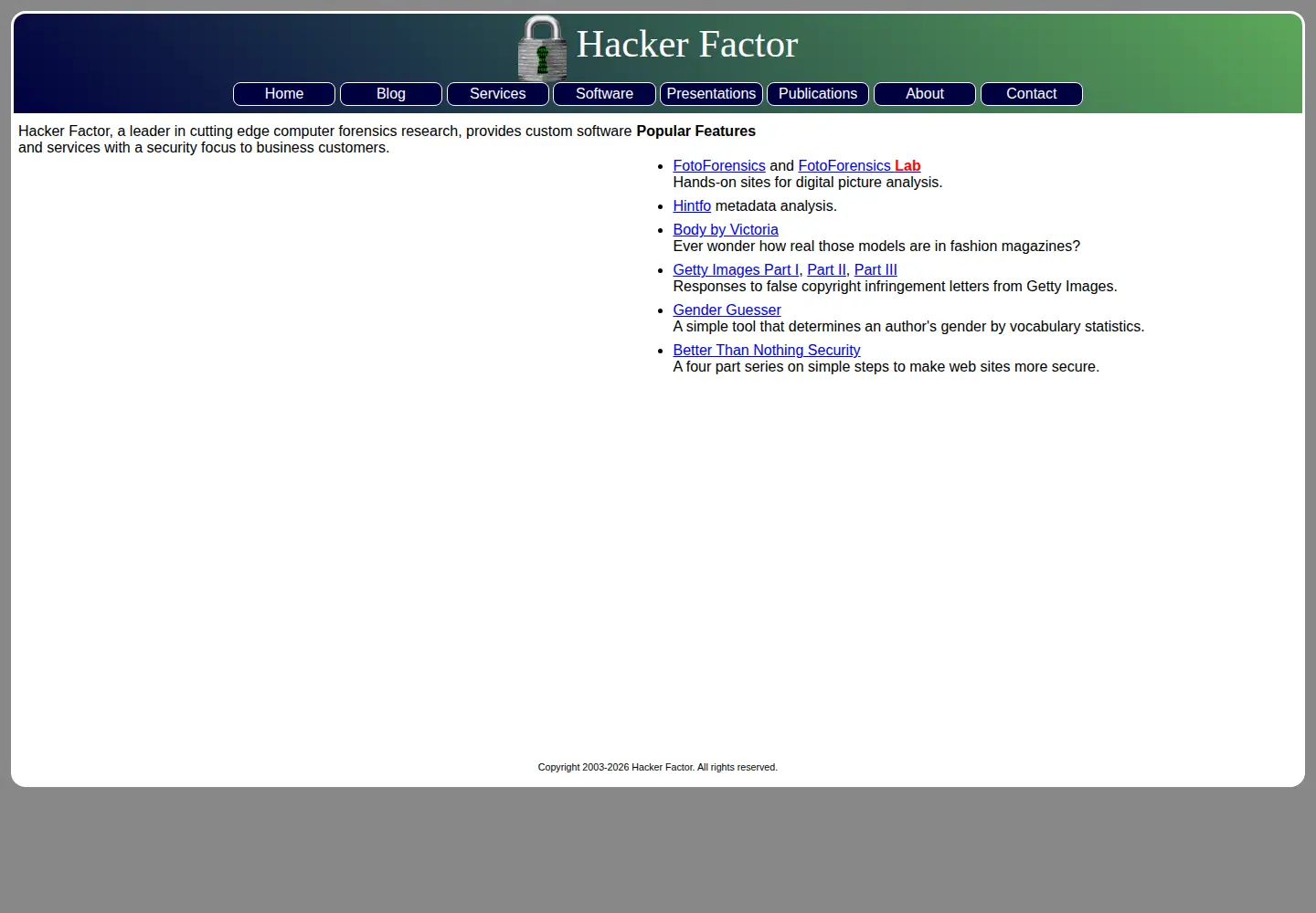Captured homepage of hackerfactor.com in the current scan