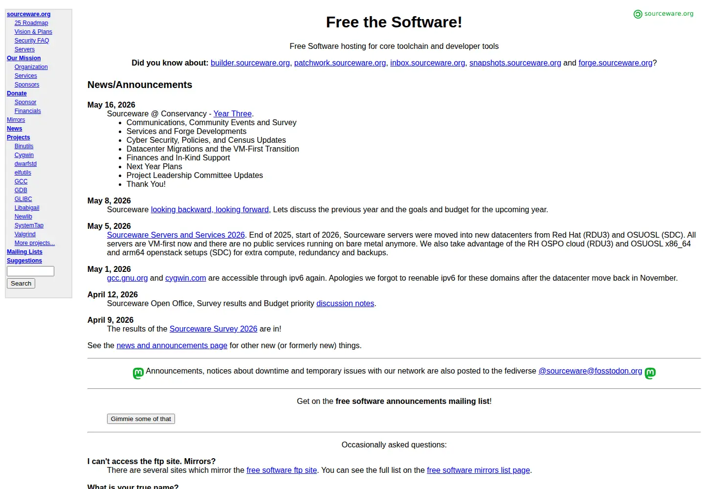 Captured homepage of sourceware.org in the current scan